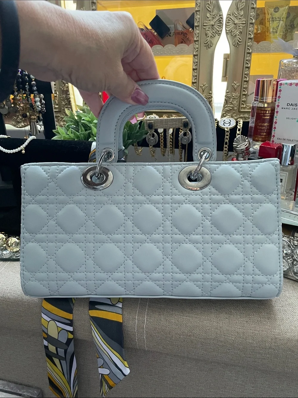 ✨Light Blue Quilted Top-Handle Women's Bag with Decorative Scarf✨NEW
